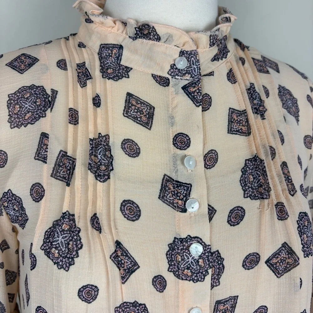 Free People Turn Turn Mini Button Front Dress Sz XS Cream Purple Print Boho Chic